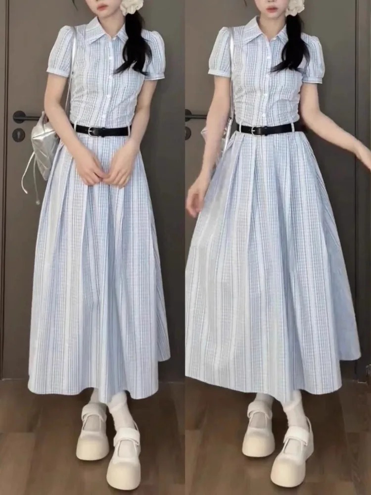 Koreański College Sle Dr Summer Bubble Sve Ultra Beautiful Waist Cinching Slimming Blue Stripes Collar irt Dr