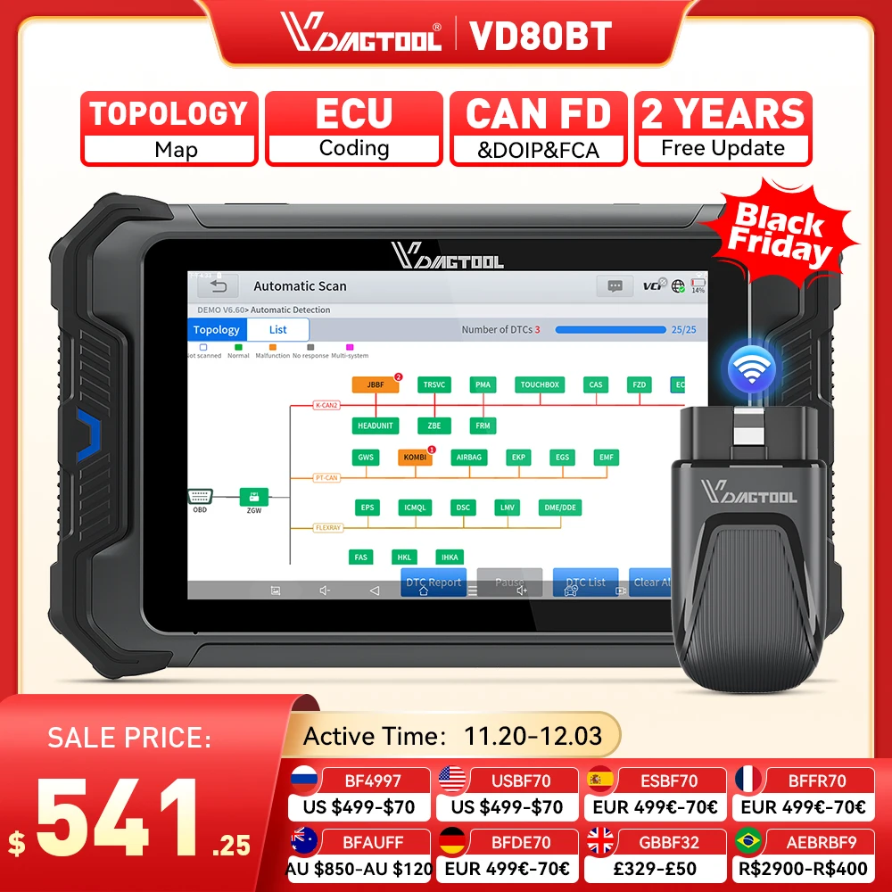 VDIAGTOOL VD80 BT الماسح الضوئي للسيارات أدوات تشخيص السيارات خريطة الطوبولوجيا ثنائي الاتجاه الترميز ECU الترميز عبر الإنترنت يمكن FD DOIP FCA #1