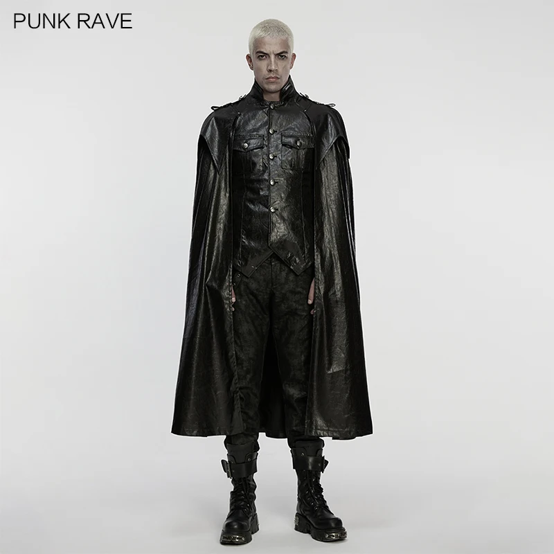 

PUNK RAVE Men's Gothic One-piece Shirt Twill Leather-like Personality Cloak Cosplay Party Long Jacket Dark Cape Palace Outwear