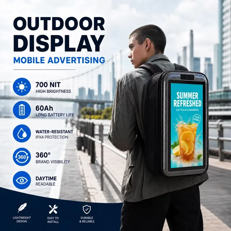 21.5 Inch Mobile Advertising LCD Backpack Wearable Digital Signage with 60000mAh Battery Power Outdoor Walking  Poster