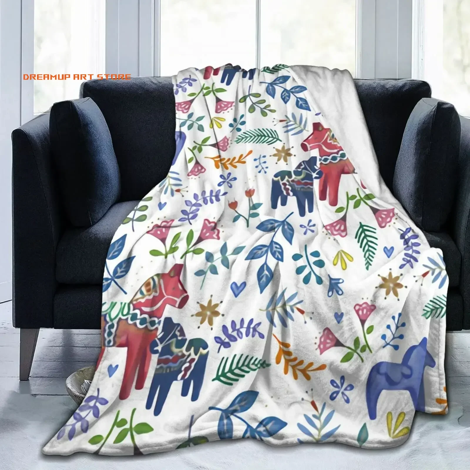 2026 Flannel Fleece Throw Blanket For Couch, Floral Swedish Dala Horses Lightweight Plush Fuzzy Cozy Soft Blankets Throws Bed So