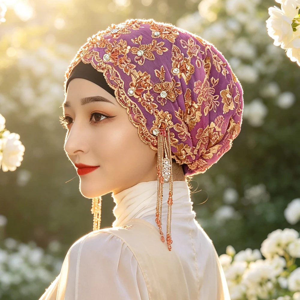 

Embroidery Muslim Turban Cap Long Beaded Tassel Luxury Rhinestone Instant Hijab Hat Modest Hair Wrap Scarf Arab Islam Headwear