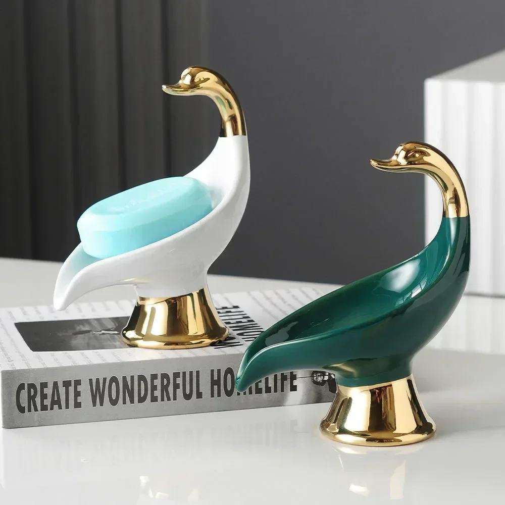 Ceramic Swan Shape Shower Soap Dish with Drain Water Self Draining Soap Organizer Holder Storage Plate Tray Bathroom Supplies