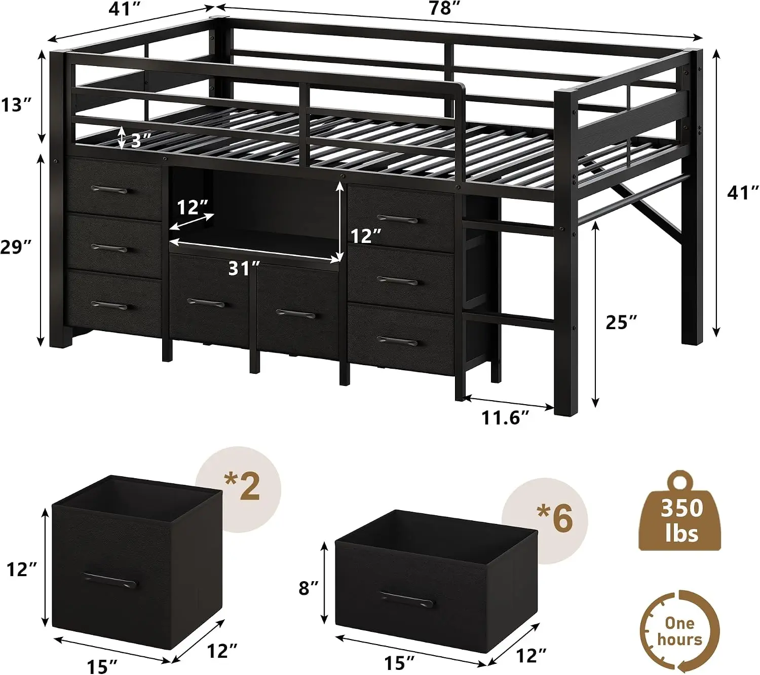 Twin Size Low Loft Bed 8 Storage Drawers Bookcase Metal Kids 13 Inch Safety Guardrail Under Bed Play Space Play Curtain Black