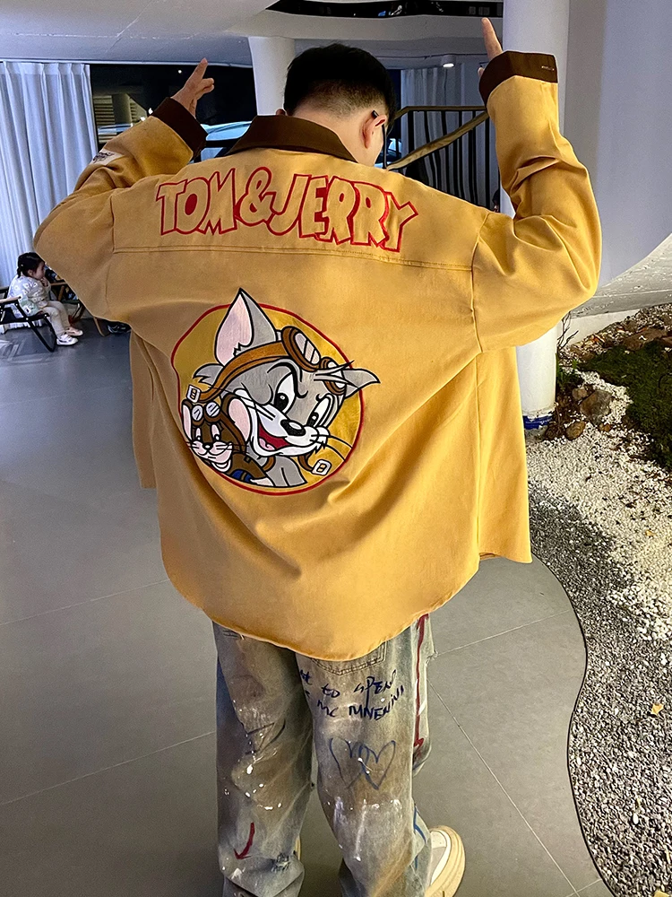 

And Mouse Cartoon Embroidered Loose Long Sve irt Youth Faion Cotton Spring Outerwear for Men And Women