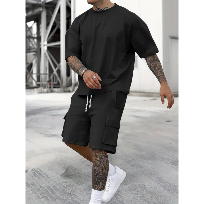 

Летняя мужская повседневная спортивная футболка с шортами, однотонная футболка с круглым вырезом и коротким рукавом, комплект из двух предметов, свободный крой, большой размер