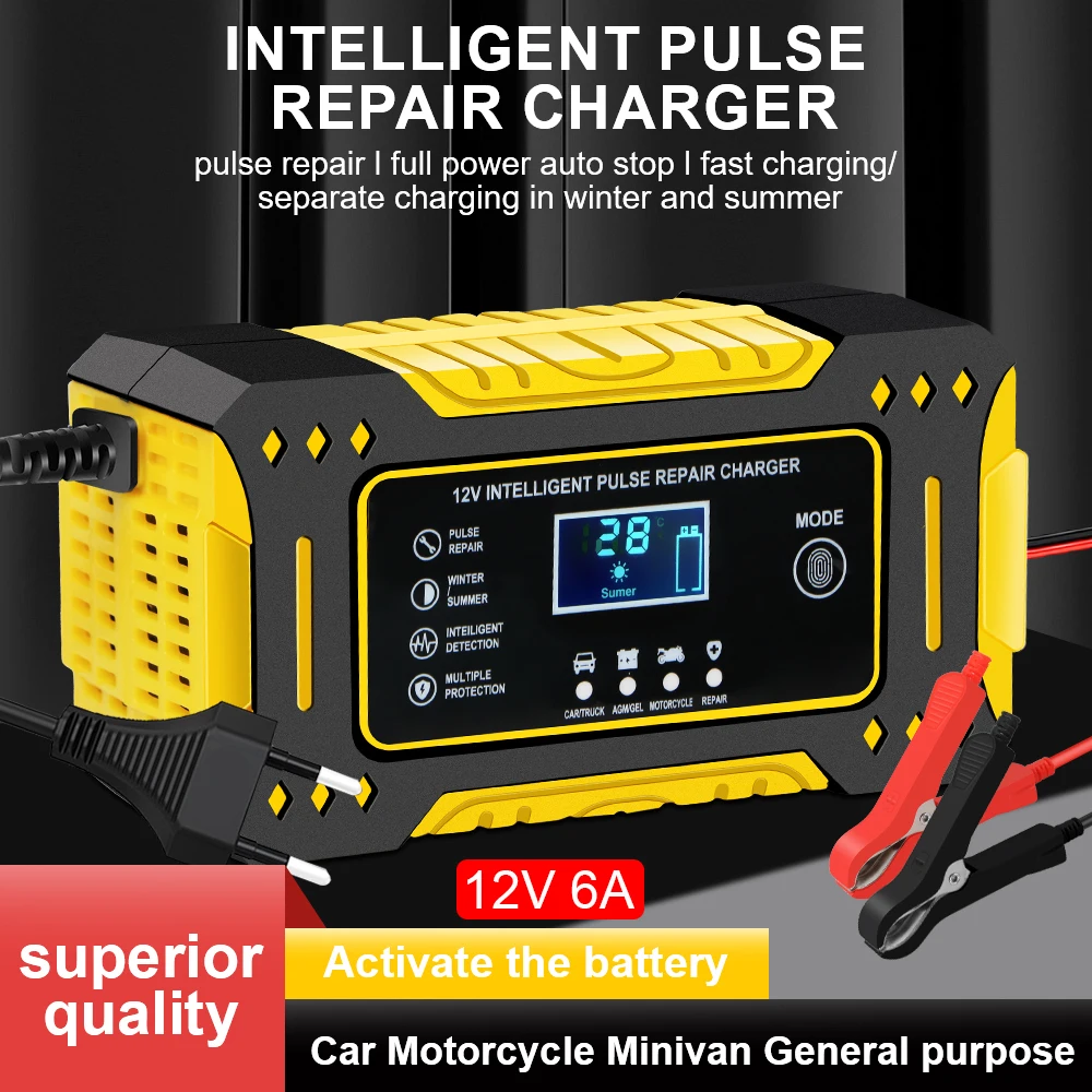 

12 В 6 А зарядные устройства для аккумуляторов для мотоциклов и лодок, обслуживание ячеек, 3-ступенчатая быстрая зарядка, интеллектуальный импульсный ремонт, автомобильное зарядное устройство