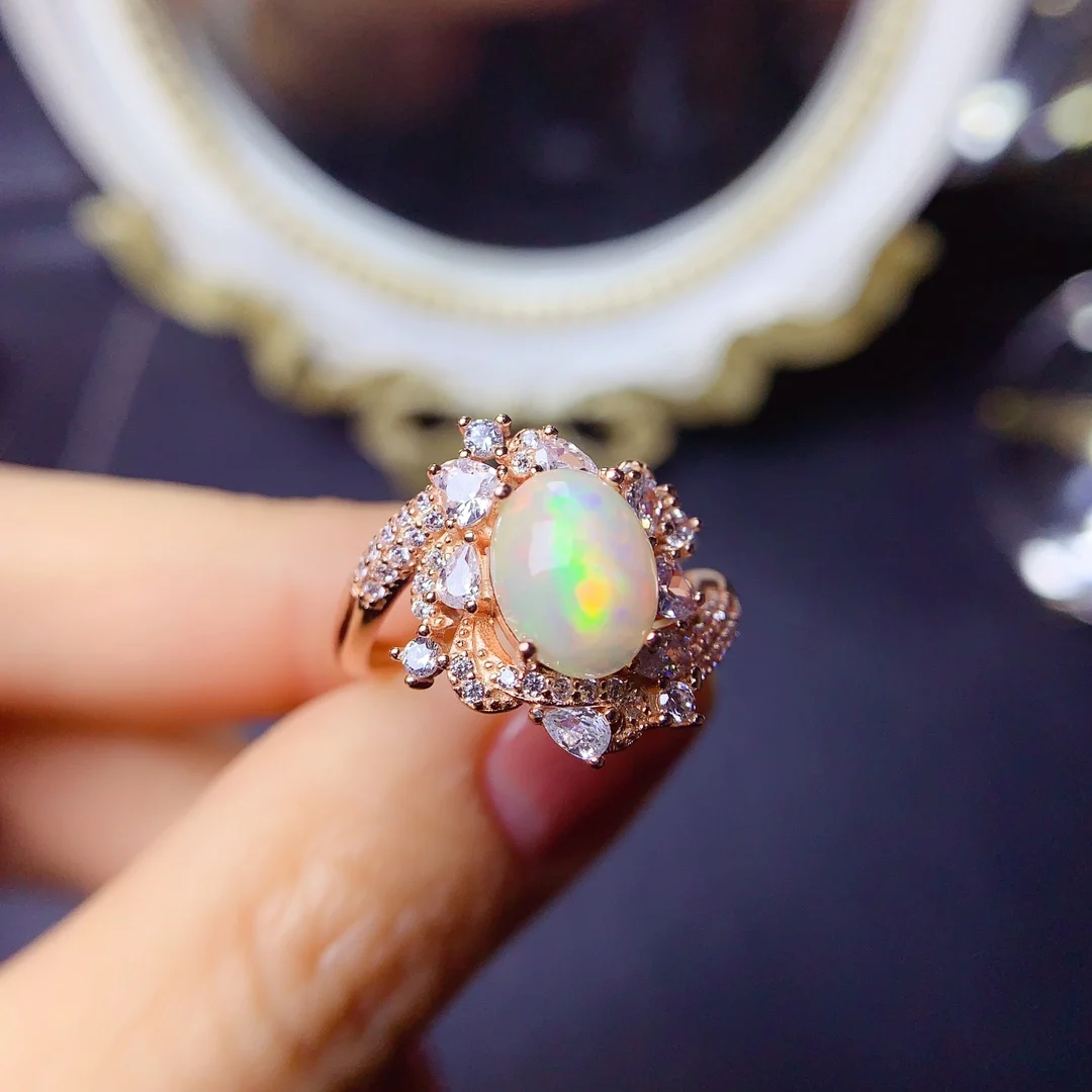 925 Silver plated 18K white gold Rose gold set Ladies natural opal Ring Color Ultra Bright Engagement Gift Free shipping