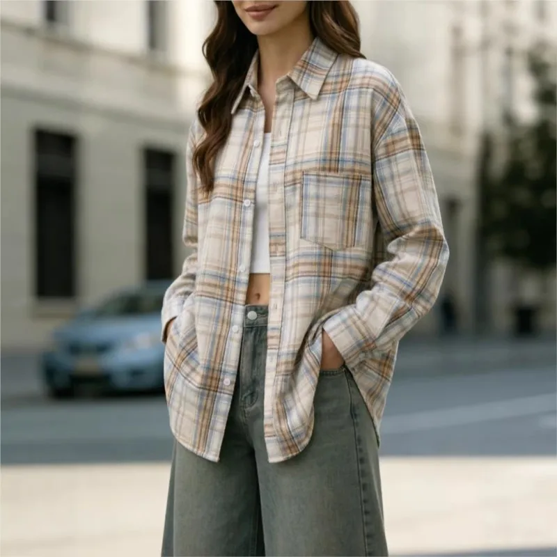 

Retro Fashion Plaid Shirt for Women 2026 Spring Long Sleeve Pocket Single-button Loose Oversize Versatile Casual Outerwear Top