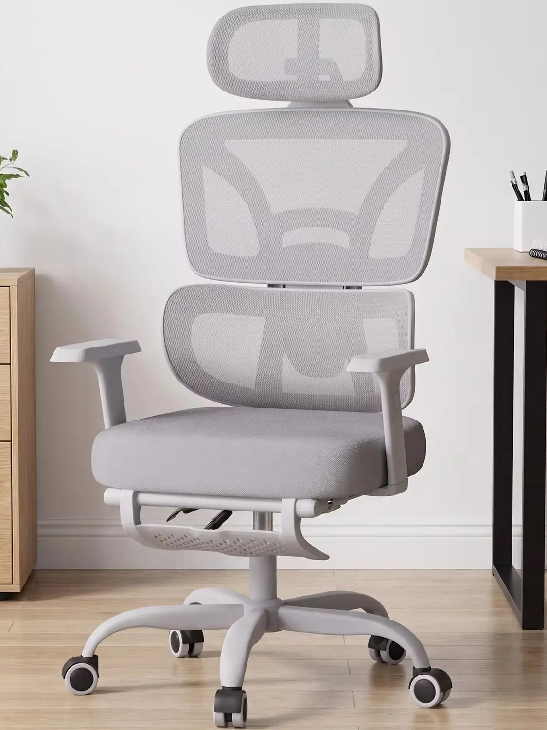 Netz-Bürostuhl, ergonomischer Computerstuhl mit Fußstütze, verstellbarer Gaming-Stuhl mit Armlehnen, atmungsaktiver Netz-Schreibtischstuhl – Erhältlich in Grau