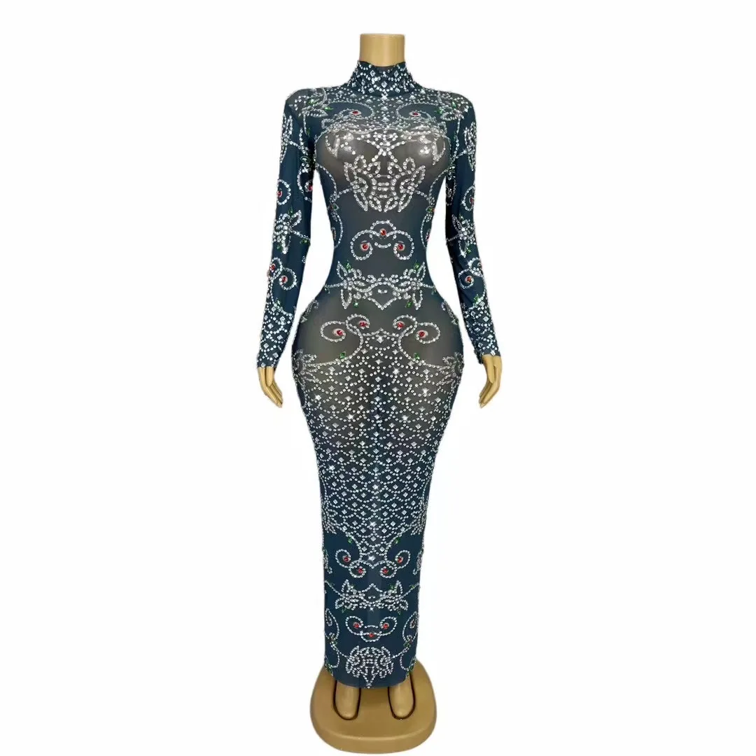 

Women Sexy Mesh Sheath Sparkly Diamonds Long Sleeves Dress Evening Party Singer Performance Costume Nightclub Stage Show Wear