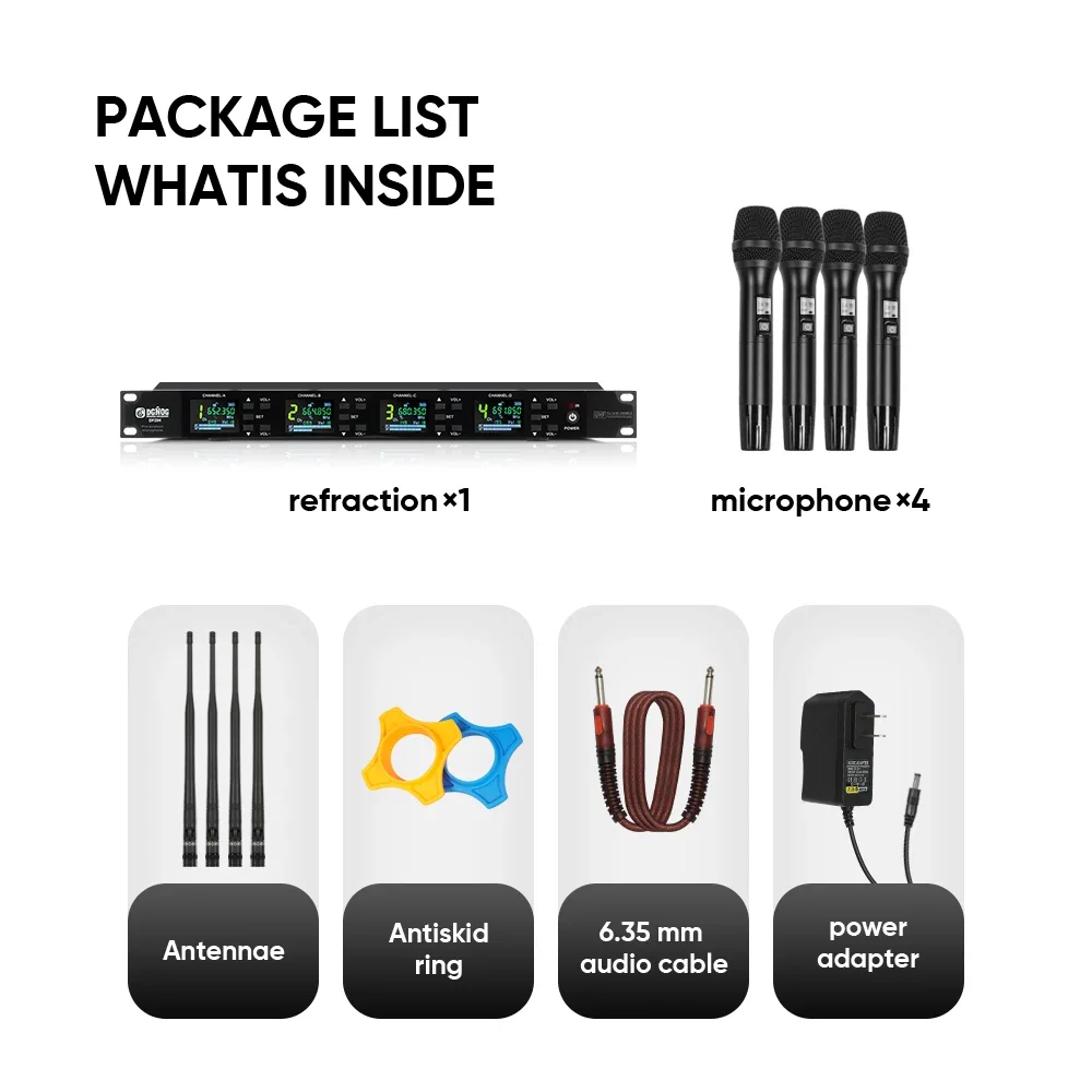 Df204 profissional 4 canais sistema de microfone sem fio performances palco uhf microfone portátil dinâmico para karaoke estúdio ktv festa