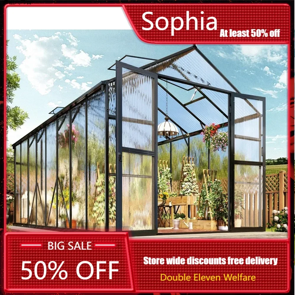 7.5x16x7.5 FT Polycarbonate Greenhouse with Quick Connector for Quick Assembly, Ventilation and Rainwater Trough Garden Supplies