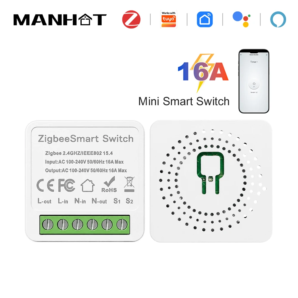 

MANHOT 16A ZigBee Smart Switch Module DIY Switch for Lights Supports 2 Way Control App/Voice Control for Alexa Google Smart life