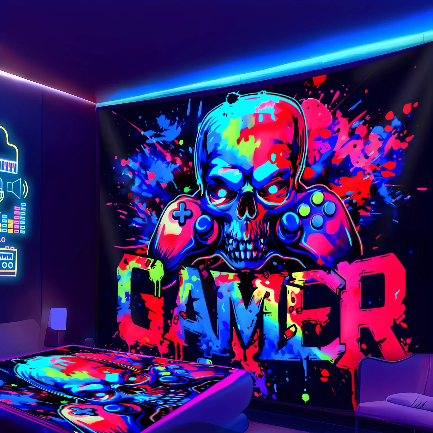 

VIKAMA Dazzling Gaming Skull Tapestry Neon Gaming Room Live Backdrop Immersive Gaming Hotel Decoration