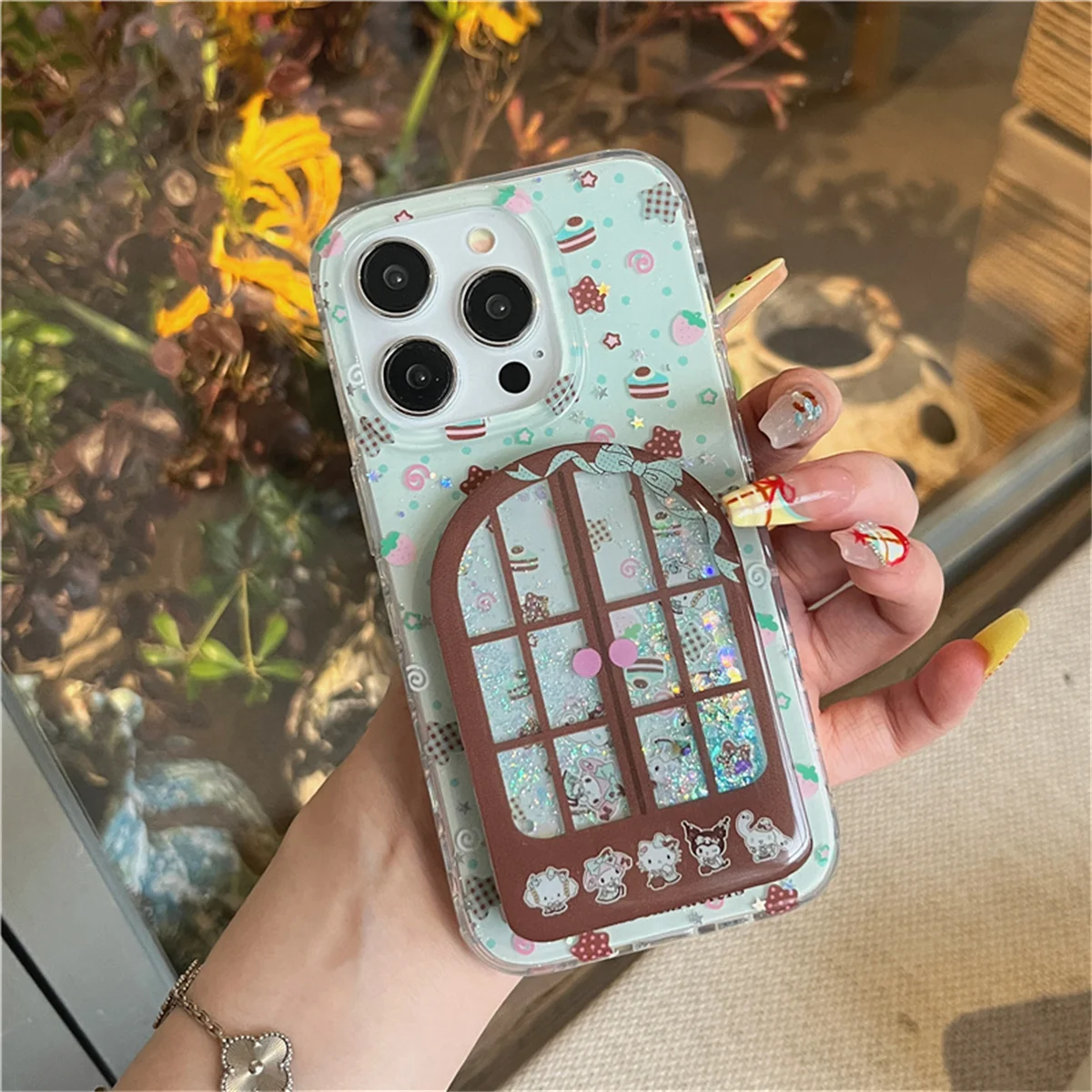 

Korean Glitter Star Cute Sanrio Kulomi Mirror Stand Phone Case For iPhone 16 Pro 15 14 Pro Max 15Pro Cover Cartoon Cases