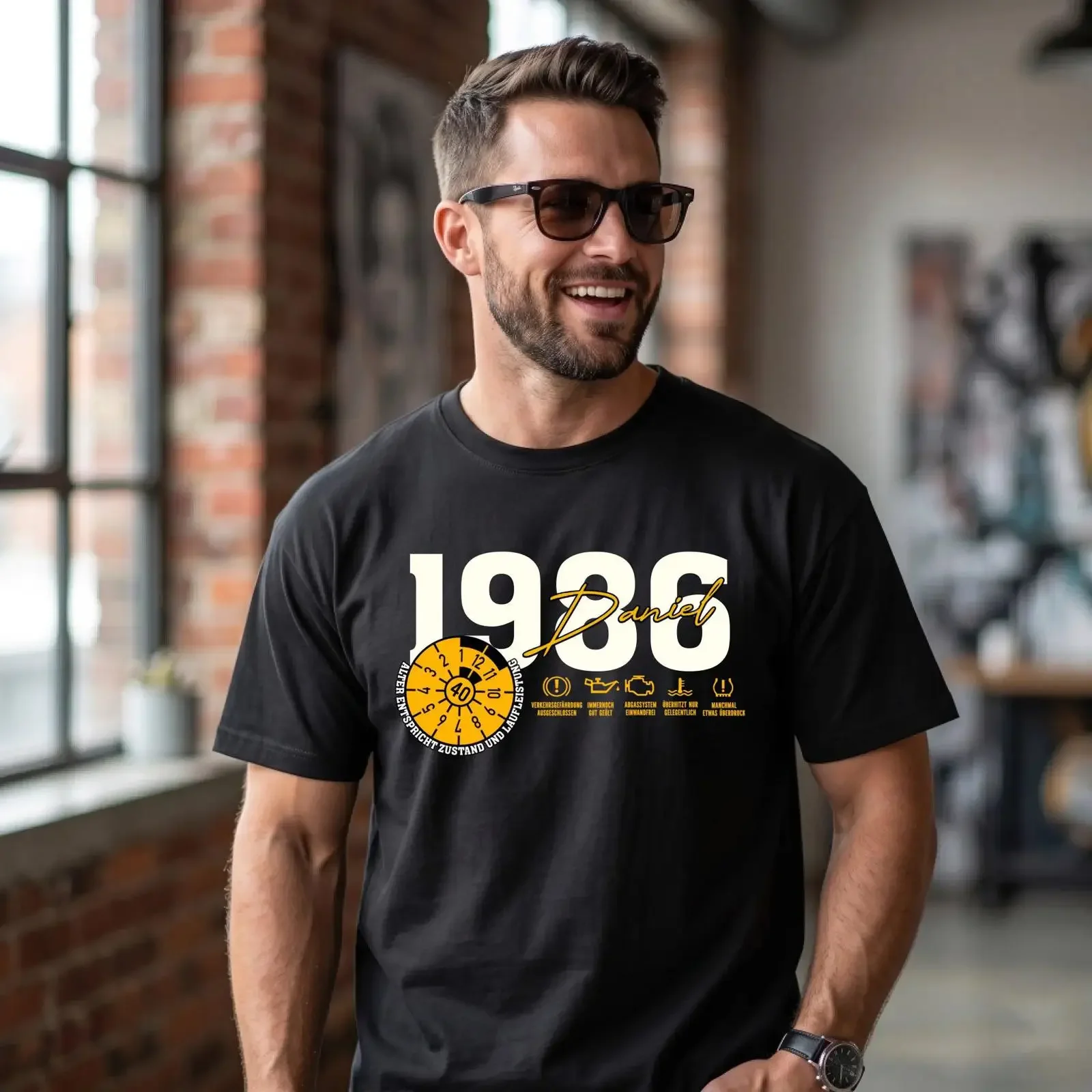 TÜV sticker 40th birthday personalized T shirt with name year of birth 1986 funny gift for men turning 40 vintage Washed Soft