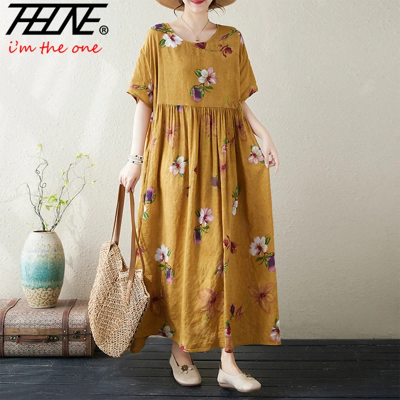 Oversized Plus Size Bohemian Print Maxi Long Dresses Ready Stock Dress for Women Floral Casual Cotton Linen Loose Vestidos Robe