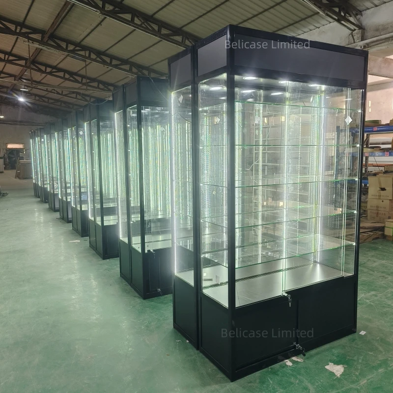 Retail store multi-layer display glass cabinet with key and lock upright extra visual aluminum glass showcase cabinet