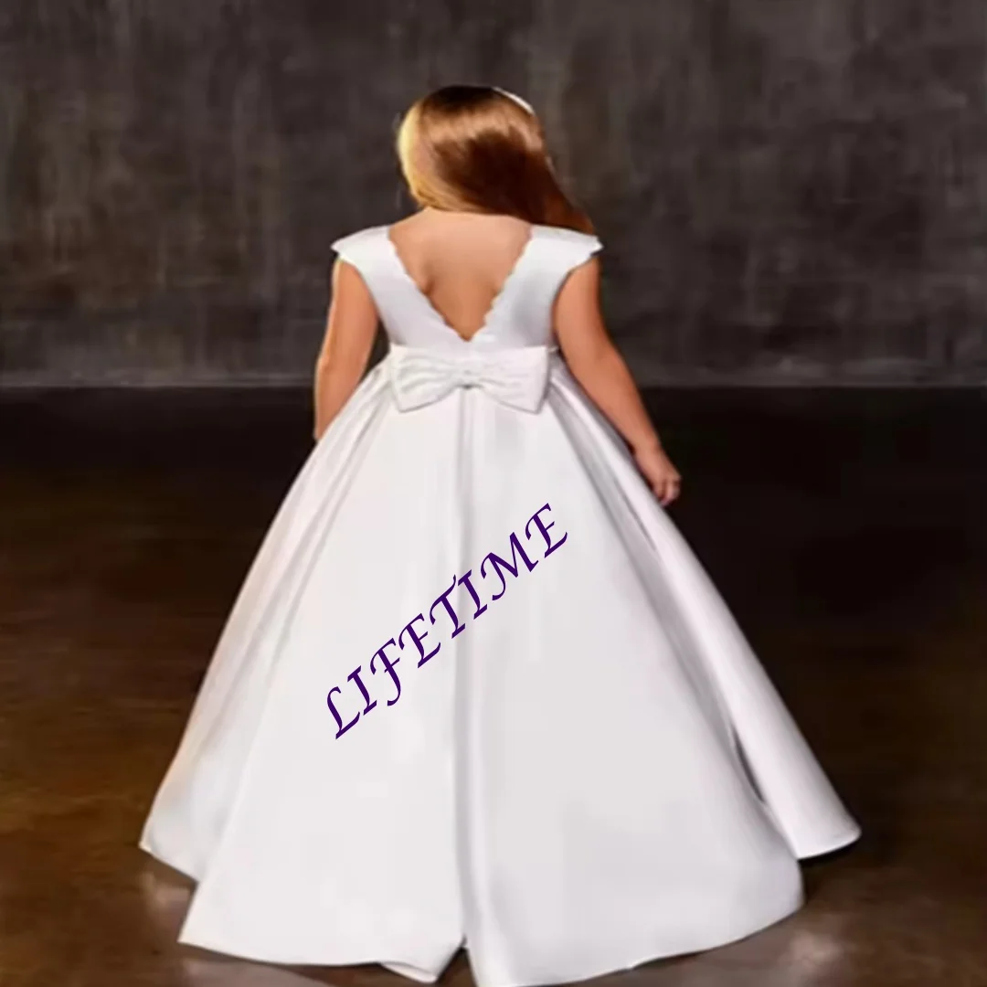 Vestido largo personalizado de satén para boda, cumpleaños, comunión, vestidos de fiesta de boda para niños, vestidos sencillos de flores con lazo para niña B