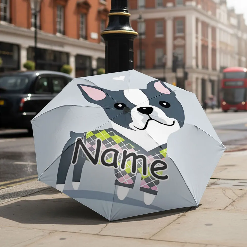 Custom Name umbrella, Boston Terrier Cartoon Design Fashion Folding Umbrella for Sunny and Rainy Days, Christmas Gift