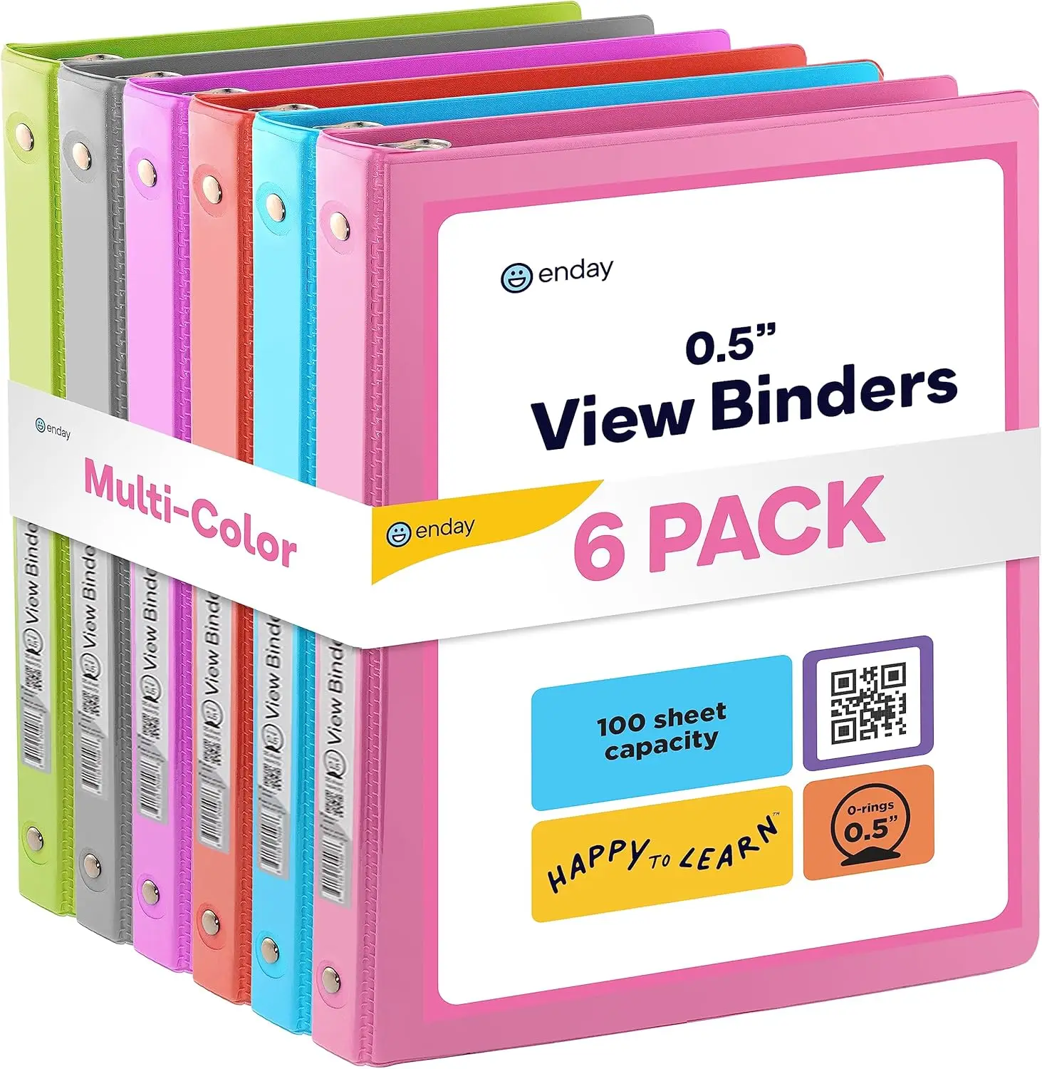 

6 Pack 1/2 Inch 3 Ring Binders, Assorted Colors, Clear View Cover & Pockets, for Letter Size Paper, School Office Supplies