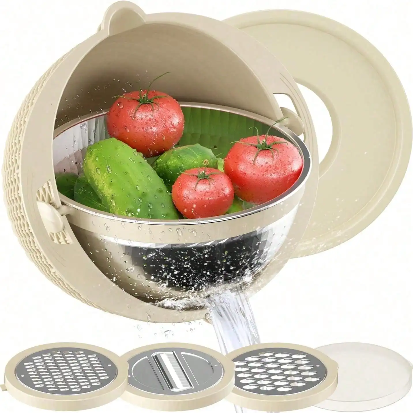 

4-1 Colander With Bowl Set - Rotatable Strainers For Kitchen, Strainers And Colanders, Funny Presents For Women, Fruit Cleaner, Veggie Wash, Aesthetic Kitchen Gadget Essentials - Beige
