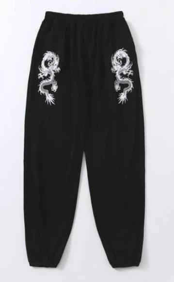 أزياء الرجال ركض التنين طباعة الحضرية الشارع الشهير فضفاضة تناسب السراويل الصيف الجديدة مزيج القطن تنفس السراويل الرياضية