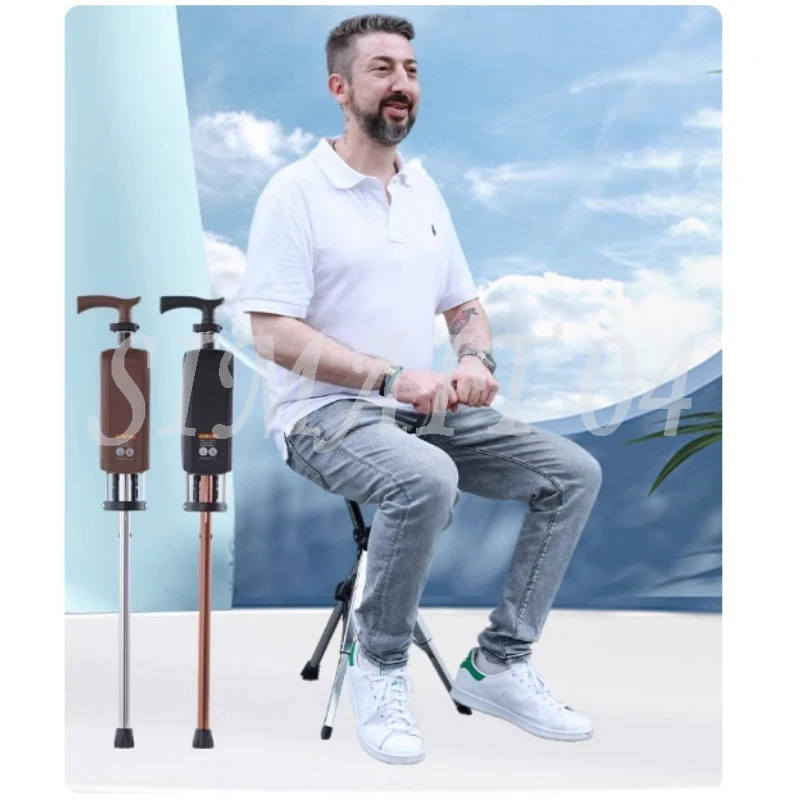 High Quality Aluminum Alloy Foldable Walking Cane Stick with Seat Adjustable Elderly Crutch Chair with Stool