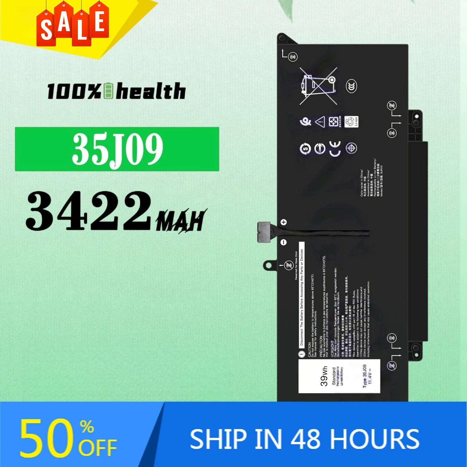 

35J09 3422mAh Laptop Battery for Dell 35J09 Lithium Rechargeable Battery