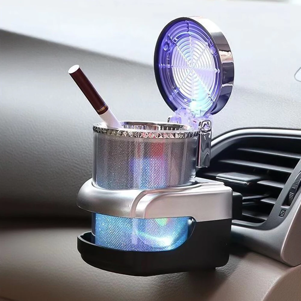 Car Ashtray Auto Ashtray With LED Light Mini Car Trash Can Portable Ashtray with Lid Suitable for Most Vehicles