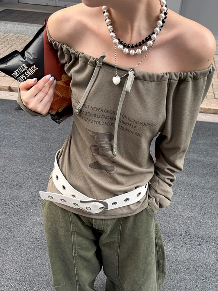 

Streetwear Letter Printing Vintage T-Shirts Y2k Aesthetic Slash Neck Drawstring ​Casual Tops 2025 Harajuku Grunge Tees Femme