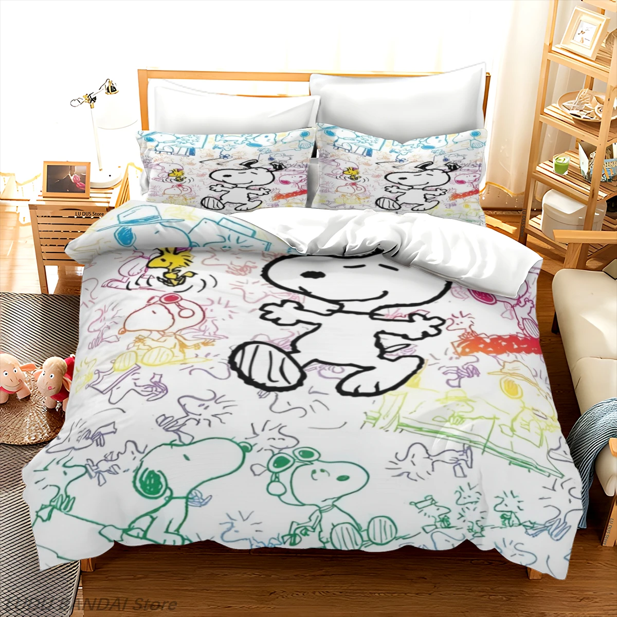 Snoopy Luxury Bedding Set Cute Printed Cartoon Quilt Cover Duvet Cover 3-Piece Set 1 Twin Covers