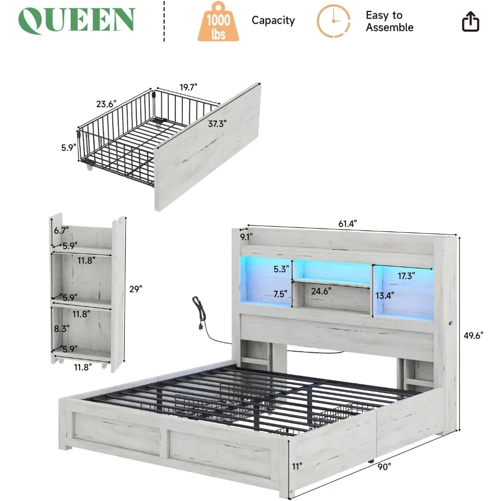 Queen Size Bed Frame with 4 Storage Drawer, LED Bed Frame with 49.6