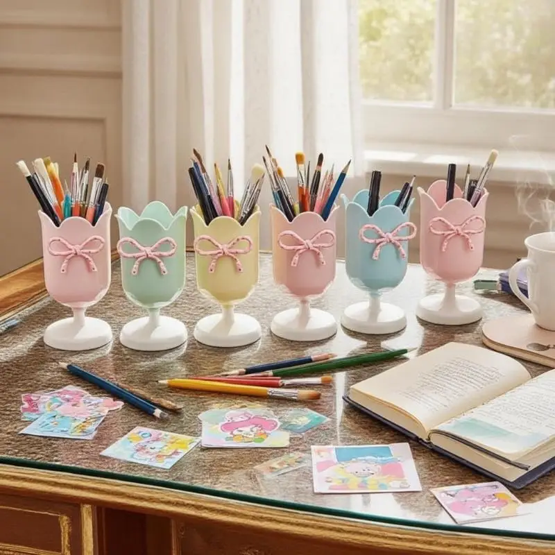 Cute Bow Tulip Shape Pen Holder Durable Plastic Desktop Organizer for Office School Makeup Brush Storage