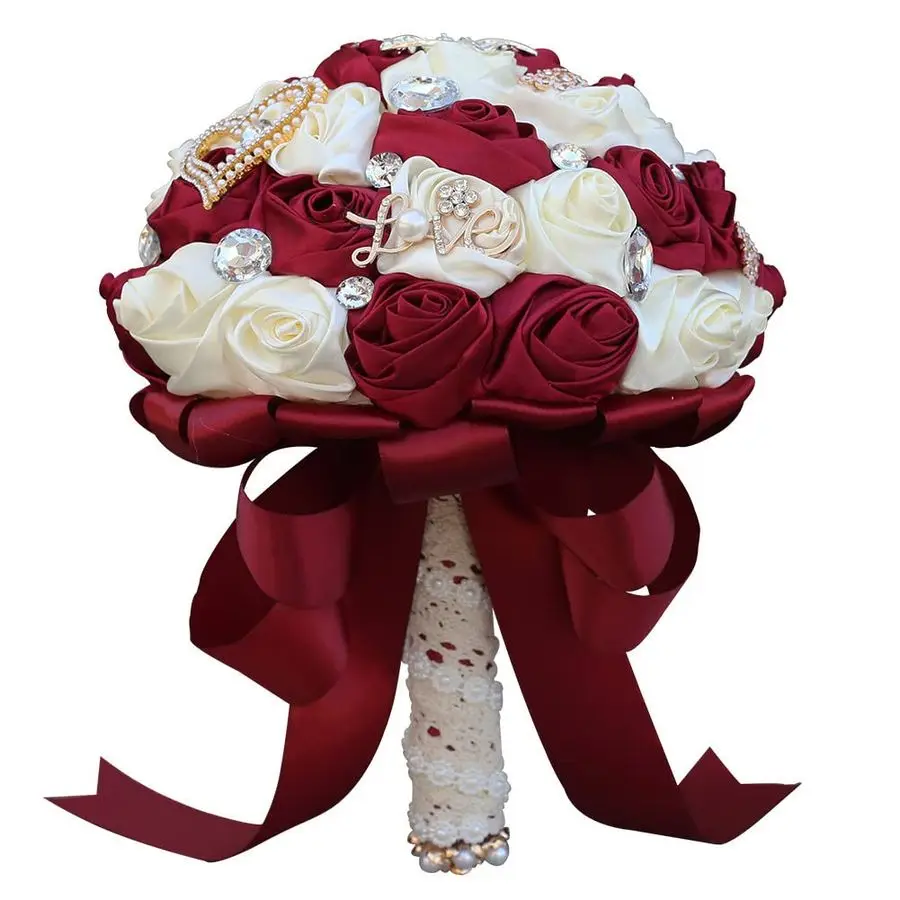 

7.1 Inch Handmade Satin Rose Bridal Bouquet Toss Round Wedding Bouquet Throw Toss Artificial Flower Bunch Dark Red Ivory