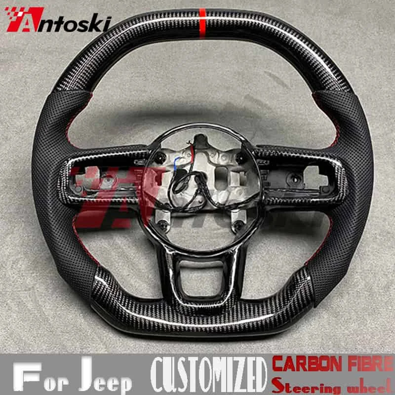 

Индивидуальное рулевое колесо из углеродного волокна для Jeep Wrangler JL 2018-2023, кожаные перфорированные кожаные модели с подогревом, спортивное колесо
