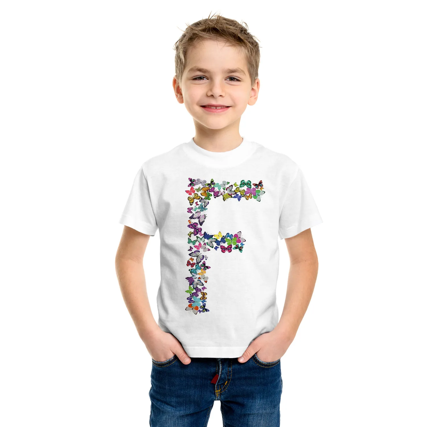 Camiseta con estampado de letras de mariposa para niños, ropa Kawaii para niños, camiseta informal de dibujos animados, Tops de manga corta para niños y niñas