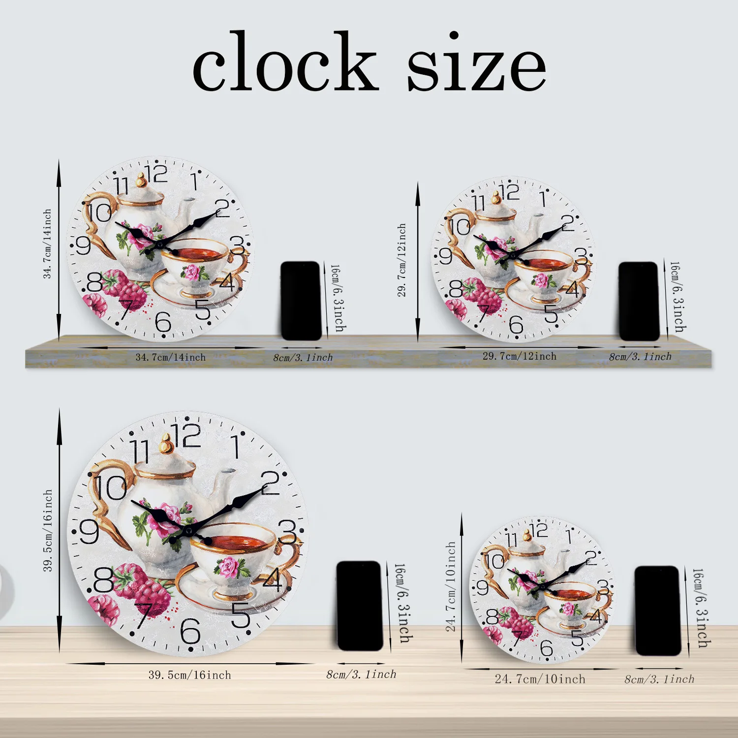 French Retro Teapot and Teacup Pattern Wooden Wall Clock for Living Room, Bedroom, Kitchen, Home Decoration, Silent Quartz Clock, Holiday Gift, 10