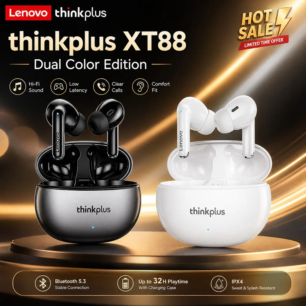 Lenovo XT88 TWS Wireless Earphones Bluetooth 5.3 Dual MIC Stereo Noise Reduction Bass HIFI Touch Control Earbuds Fashion2026 NEW