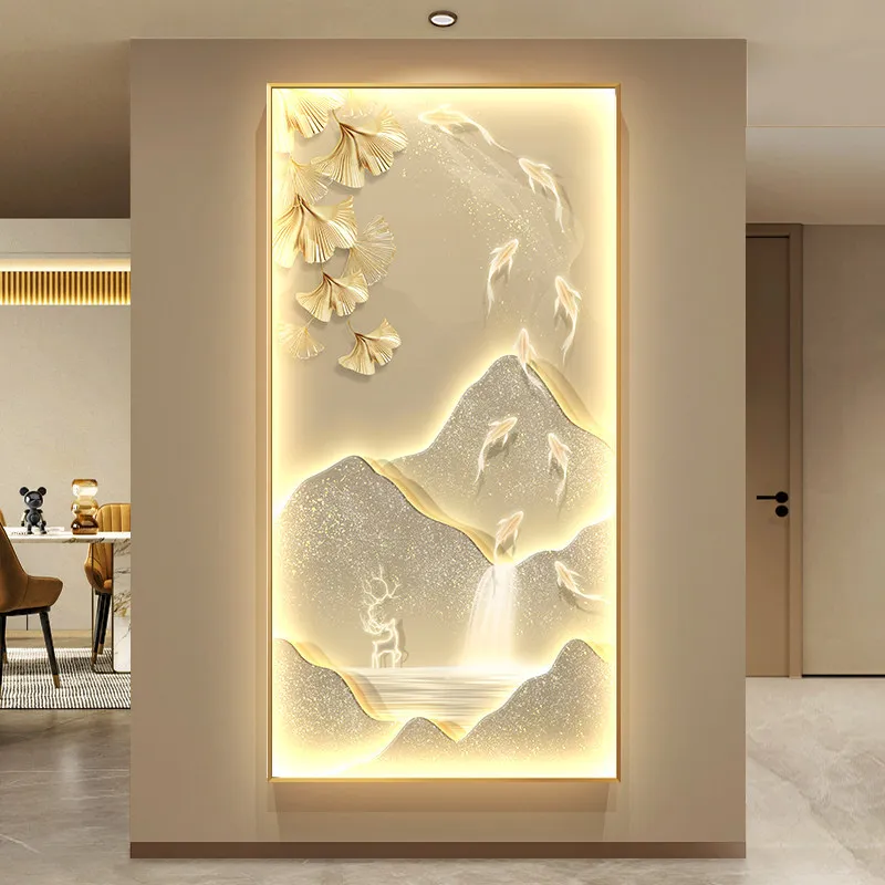 Landscape painting, nine fish picture, entrance decorative painting, modern light luxury painting on the wall opposite the door