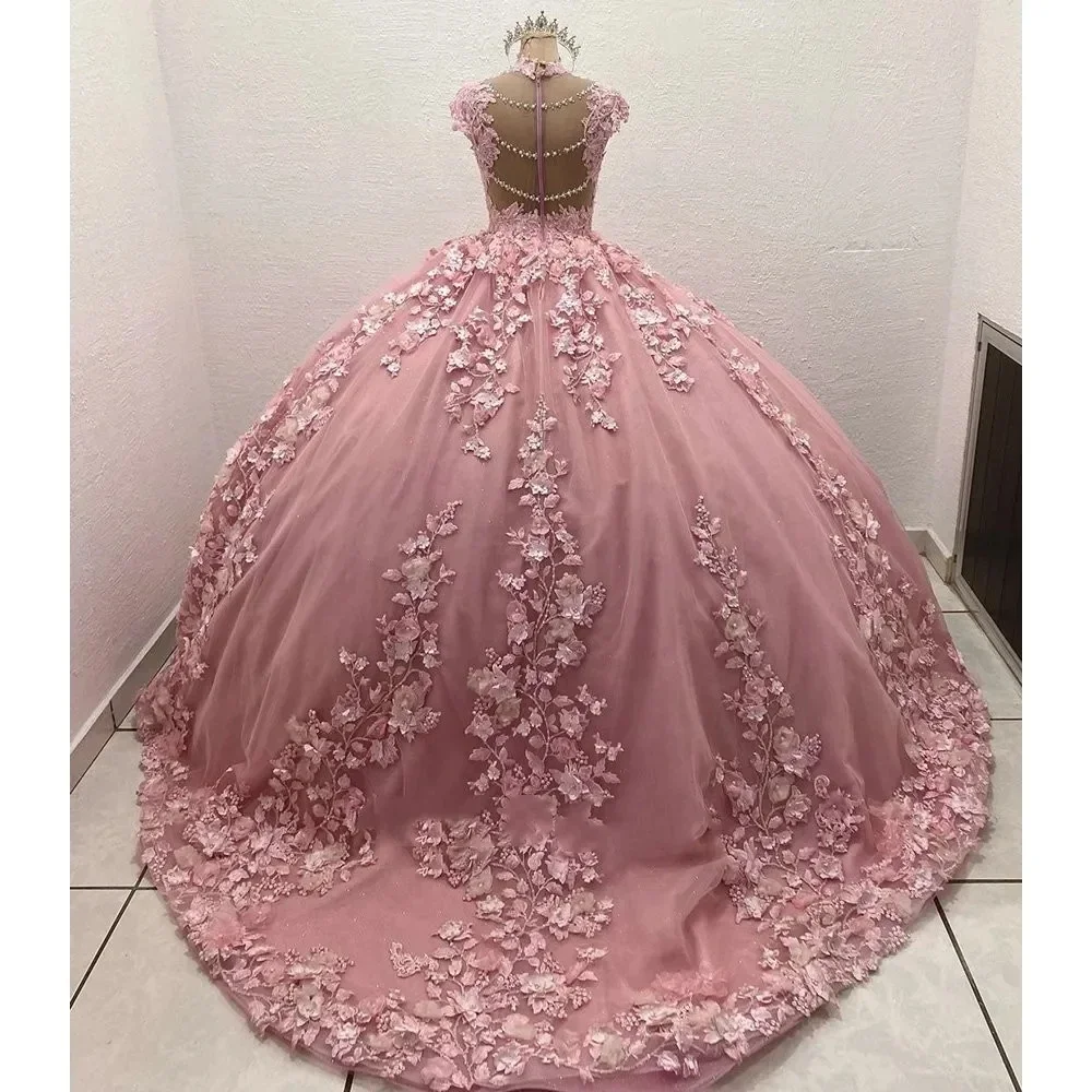 Vestidos Quinceanera 3D Flowers, vestido de baile, apliques de pérolas, aniversário da princesa, rosa empoeirado, 15 anos