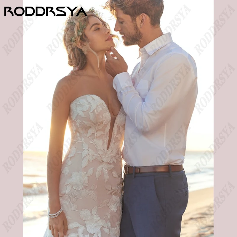 RODDRSYA Strapless Sereia Vestidos De Casamento Para As Mulheres Elegantes Apliques Vestido De Noiva Tulle Backless Sem Mangas Vestidos De Novia Strapless Sereia Vestidos De Casamento Para As Mulheres Elegantes Aplique