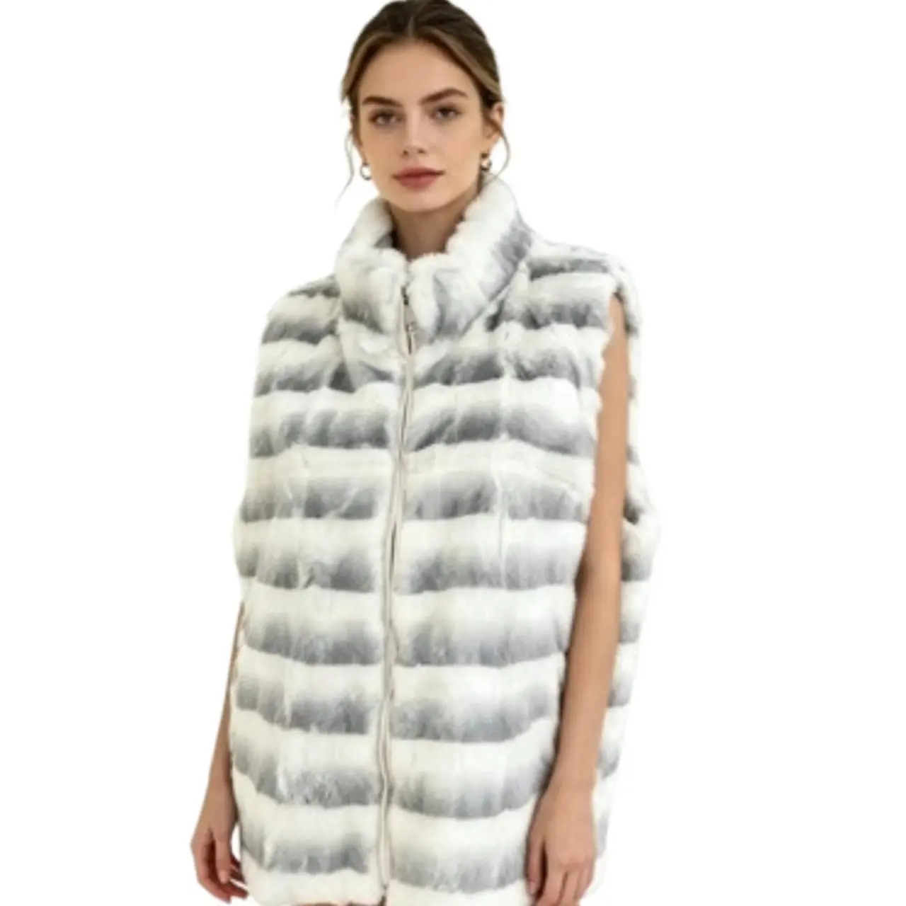 Real Rabbit Fur Waistcoat for Womens,Chic Splice Coat Ladies Sleeveless Vest Jacket,Stand Collar Outwear Vests,New