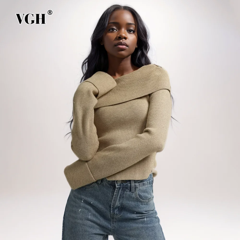 VGH Solid Slimming Minimalist Sweaters For Women Slash Neck Long Sleeve Backless Pullover Knitting Sweater Female Fashion Style