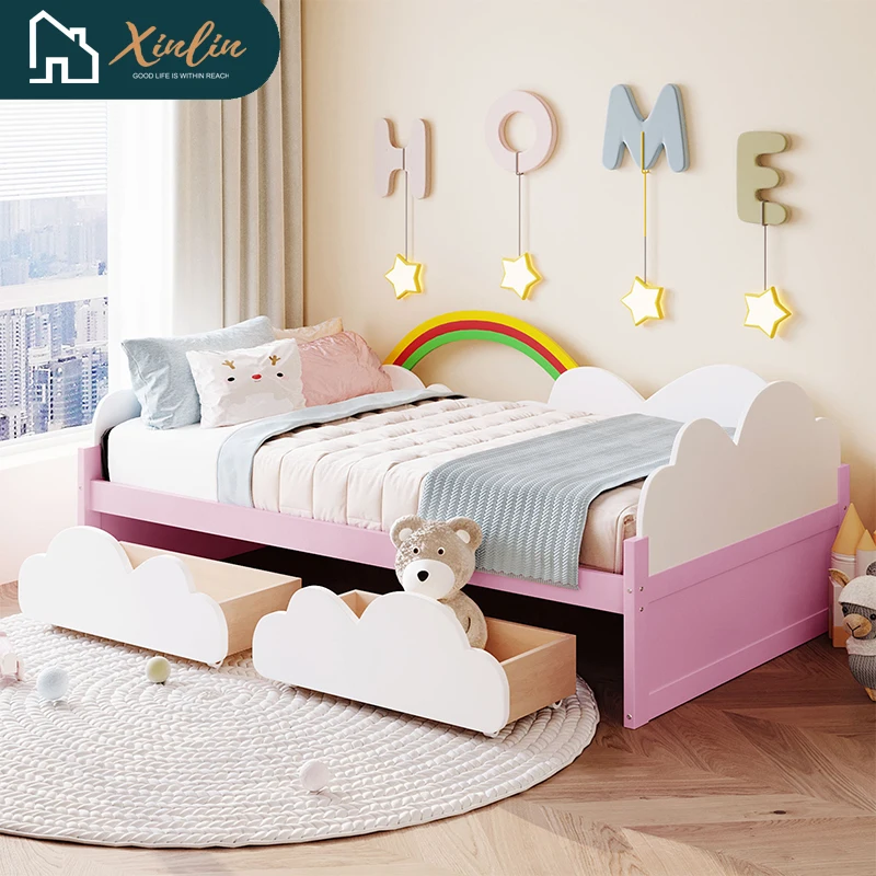 

Hot SaleFree Shipping Twin Size 2 Drawers Wood Daybed with Clouds and Rainbow Decor Cute Girl Cribs