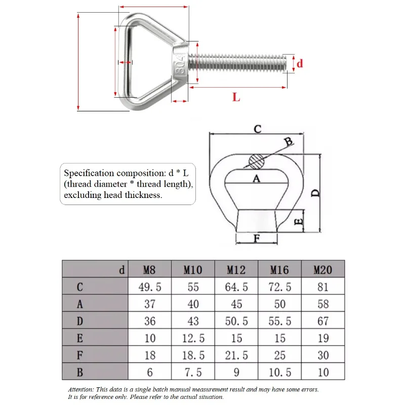 304 Stainless Steel Triangular Lifting Ring Screw Welded Load-Bearing Bolt Fastener M8 M10 M12 M16 M20 For Heavy-Duty Hoisting