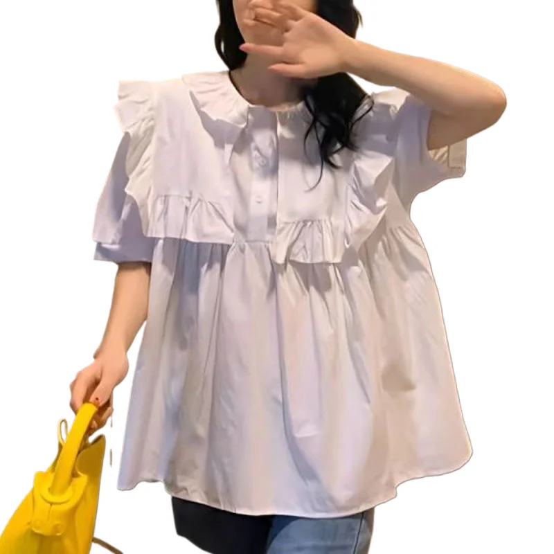 

Summer New Women's Solid Color Peter Pan Collar Button Folds Spliced Ruffles Fashion Sweet Loose Short Sleeve Shirt Blouse