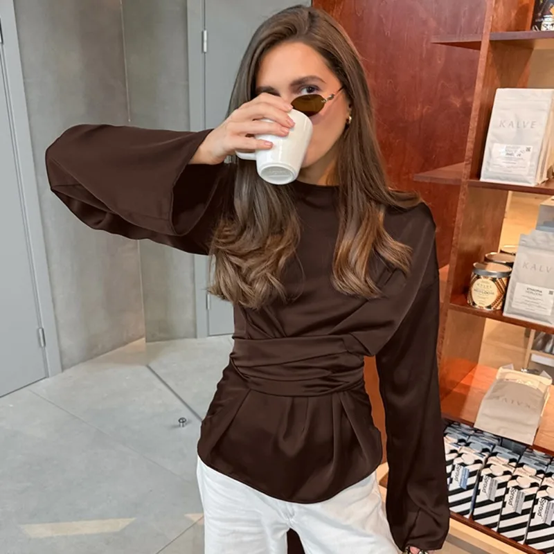 Talenza Casual Lace-Up Tops Damesmode Effen Geplooide Patchwork Lange Mouwen Blouse Nieuwe Commuter Streetwear Vrouwelijke T-shirts