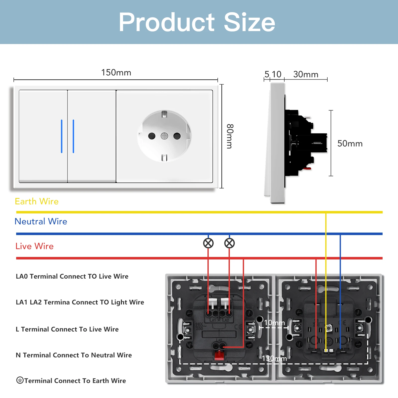 BSEED 1/2Gang Mechanical Button Switch With LED 1Way Single EU Power Socket Double Outlets Triple Electric Sockets Plastic Panel